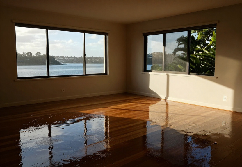Flood-damaged living room in North Turramurra before restoration